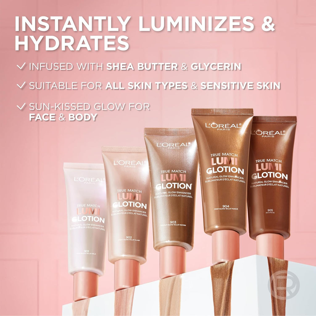 L'Oreal Paris Makeup True Match Lumi Glotion, Natural Glow Enhancer, Illuminator Highlighter, Bronzing Drops For A Sun-Kissed Glow For Face And Body, 902 Light, 1.35 Fl Oz