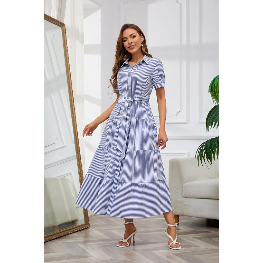 Utcoco Womens Casual Short Sleeve Button Down Tie Waist Ruffled Striped Maxi Shirt Dress