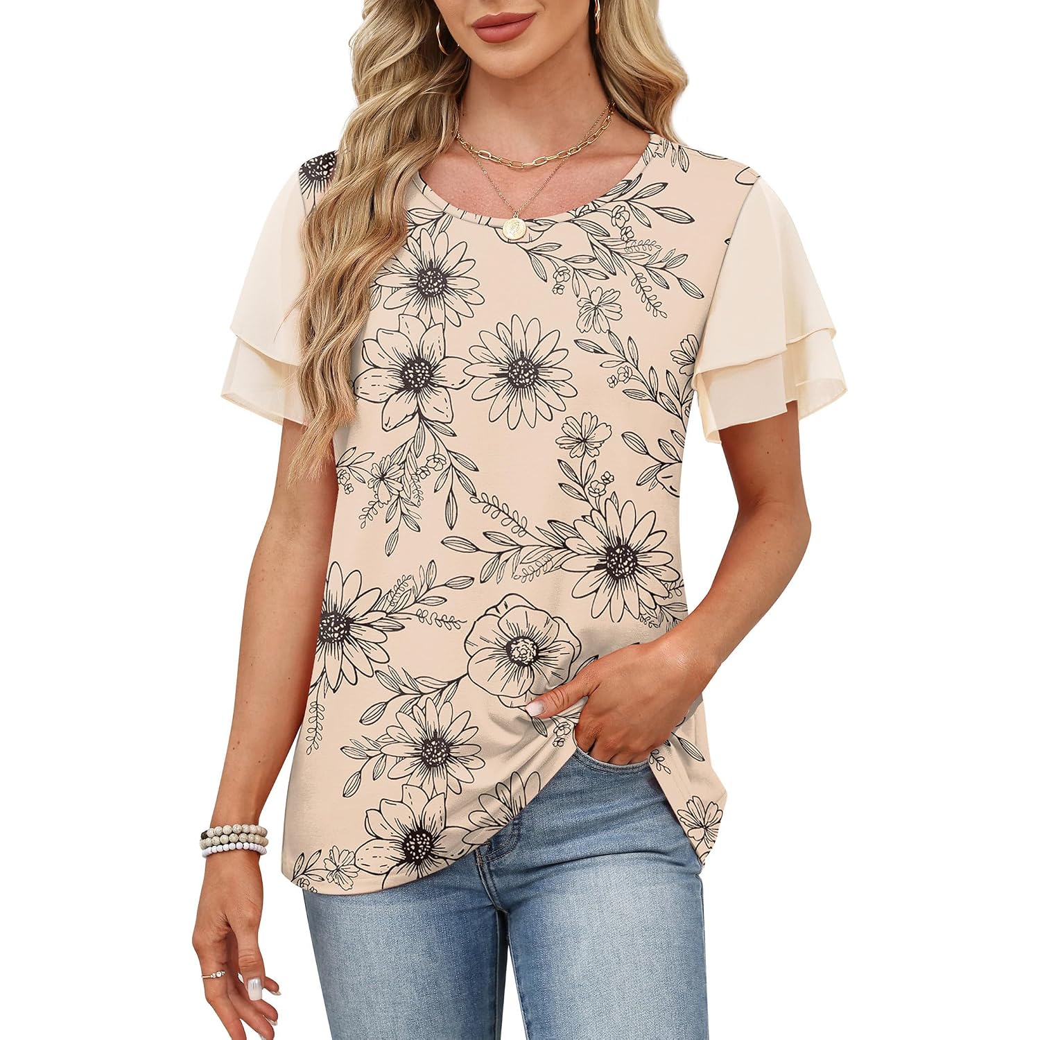 WIHOLL Womens Summer Tops Trendy Ruffle Sleeve Shirts Casual Chiffon Blouses Beach Vacation Clothes