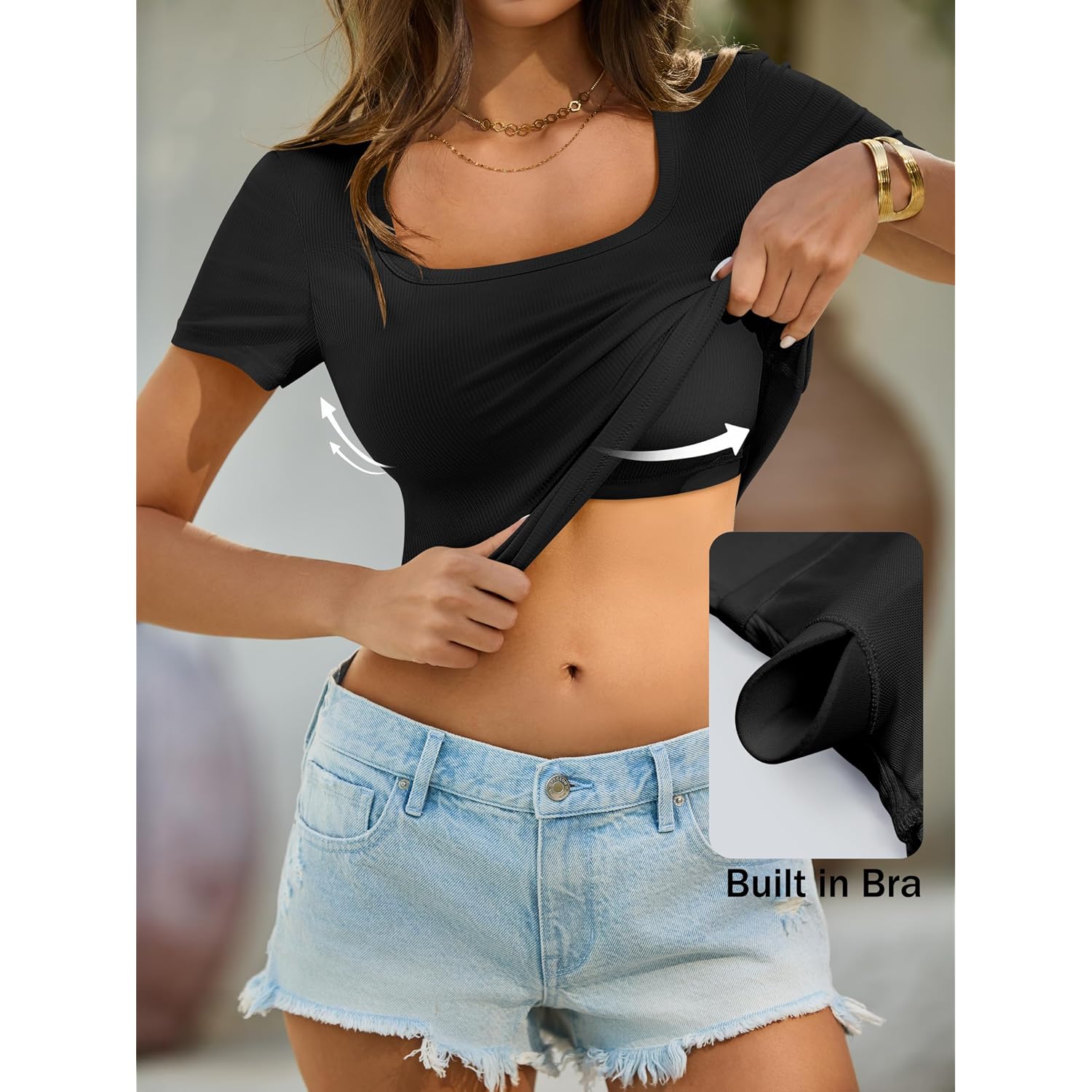 ANRABESS Womens Short Sleeve Tops Built in Bra Summer T Shirts Scoop Neck Ribbed Knit Fitted Basic Tee Casual Going Out Top