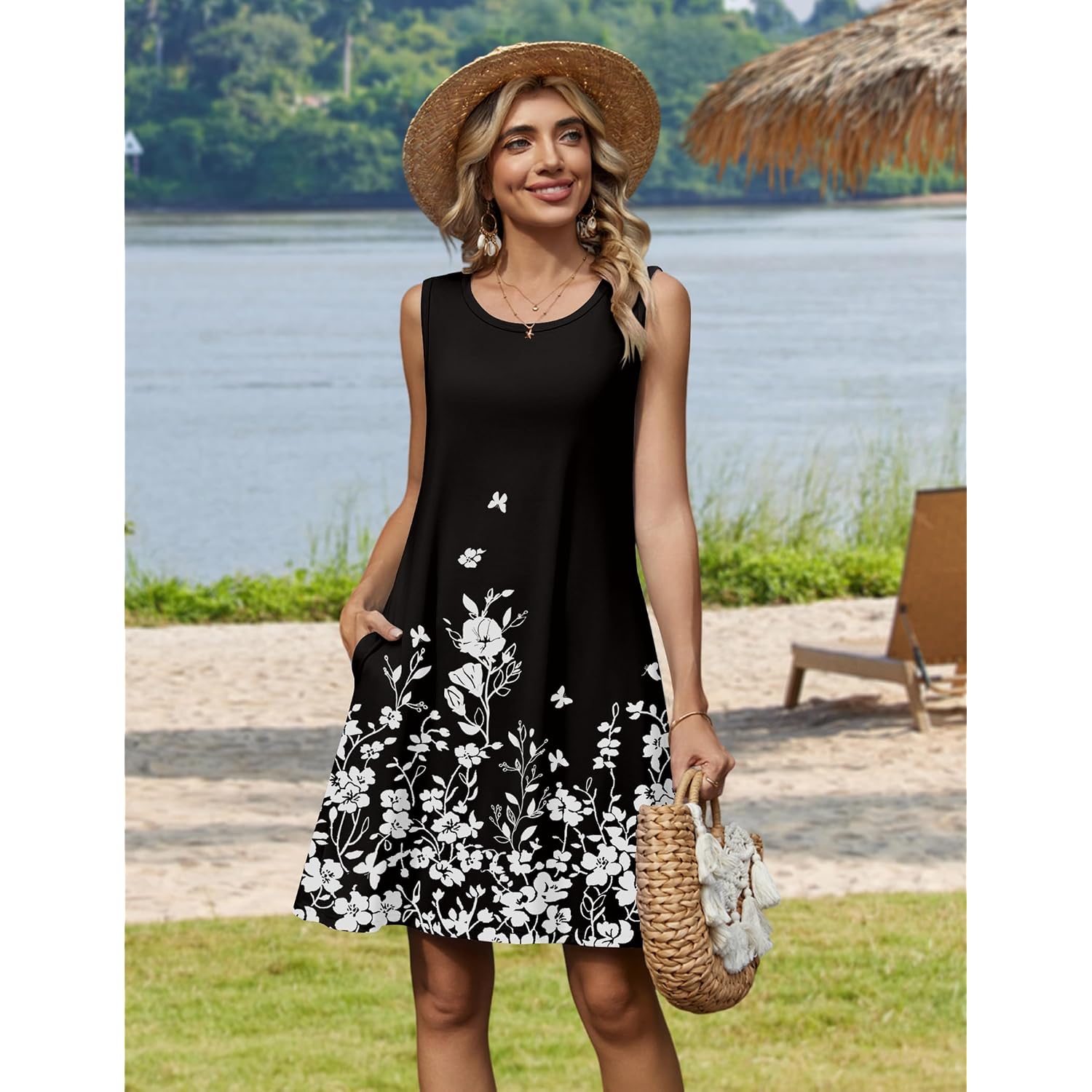 Zeagoo Summer Dresses For Women 2026 Sleeveless Casual Floral Tshirt Sundress With Pockets Loose Tank Beach Dress