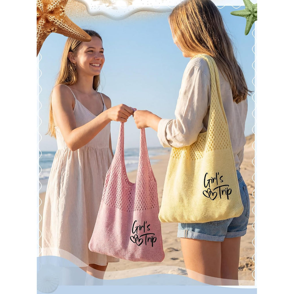 Patelai 4 Pcs Girls Trip Gifts Embroidered Beach Mesh Tote Bags For Women Summer Beach Mesh Tote Girls Weekend Trip Favors (Macaron)