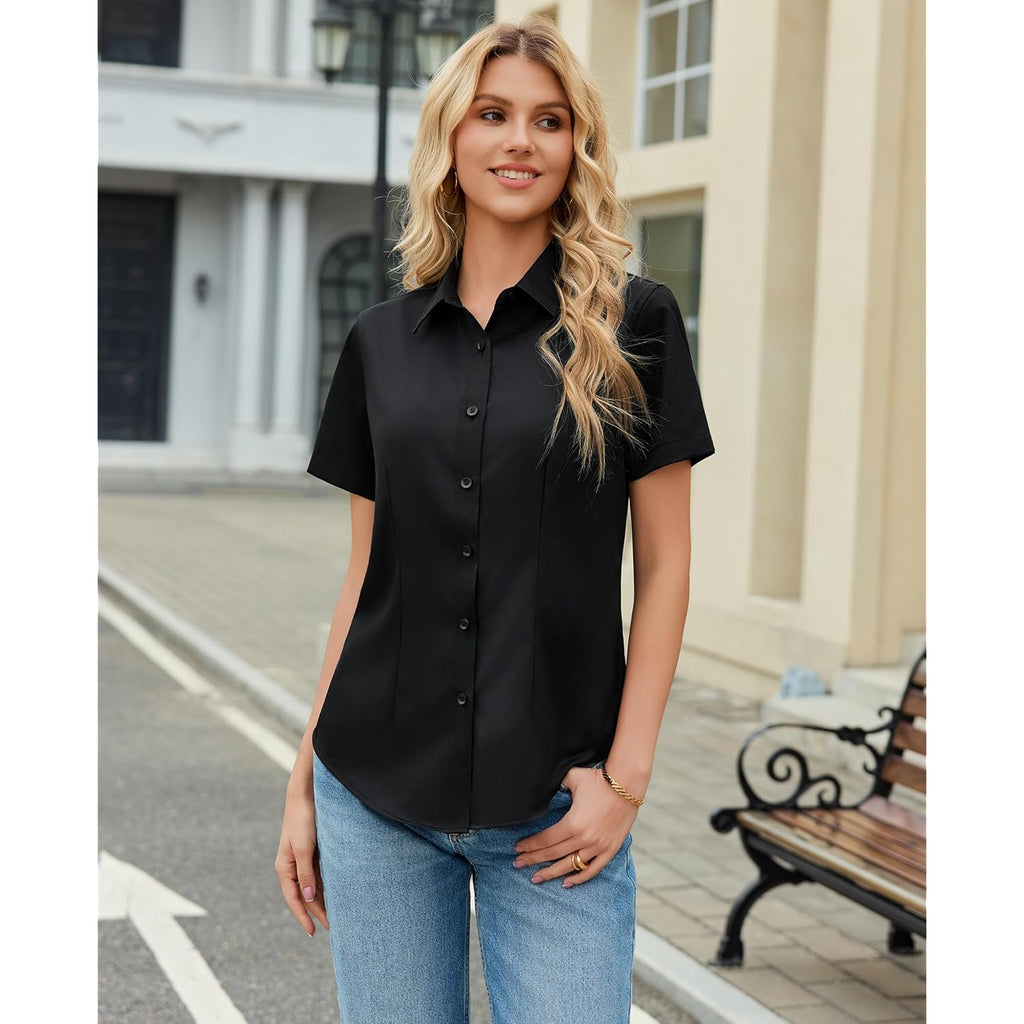 Button Down Shirts for Women Stain Shield Short Sleeve Dress Shirt Wrinkle Free Work Business Office Blouses