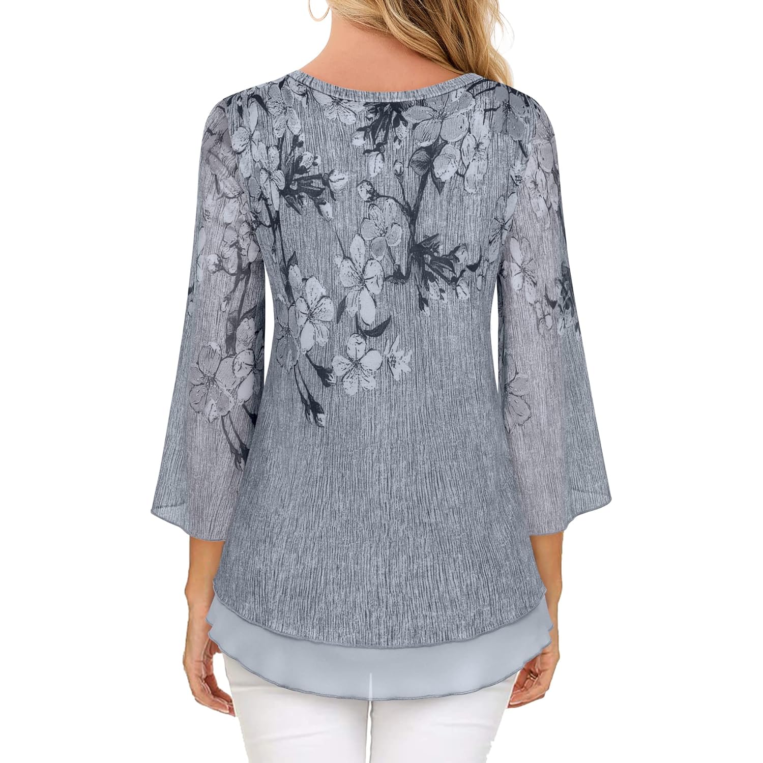 Women's 3/4 Sleeve Floral Blouses Shirts Double Layers V Neck Dressy Tunics Tops