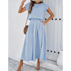 Hangnifang Summer Skirt Sets Women 2 Piece Outfits Cap Sleeve Top Elastic Waist Maxi Dress Sets With Pockets