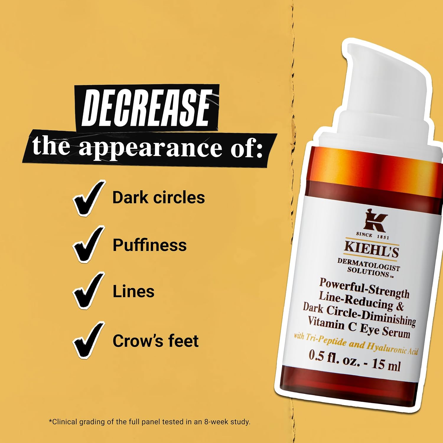 Kiehl'S Powerful-Strength 10% Vitamin C Eye Serum, Line-Reducing & Dark Circle Diminishing Eye Cream, Smooths & Hydrates Undereye, For Puffiness & Lines, With Hyaluronic Acid & Tri-Peptide - 0.5 Fl Oz