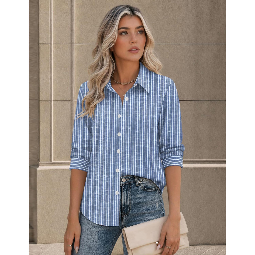Zeagoo Button Down Shirts For Women Long Sleeve Tops Striped Solid Blouses | Collared V Neck Shirts Button Up Shirt Dressy Casual Blouses Cute Summer Fall Fashion Clothes Office Work Tops Spring Outfits