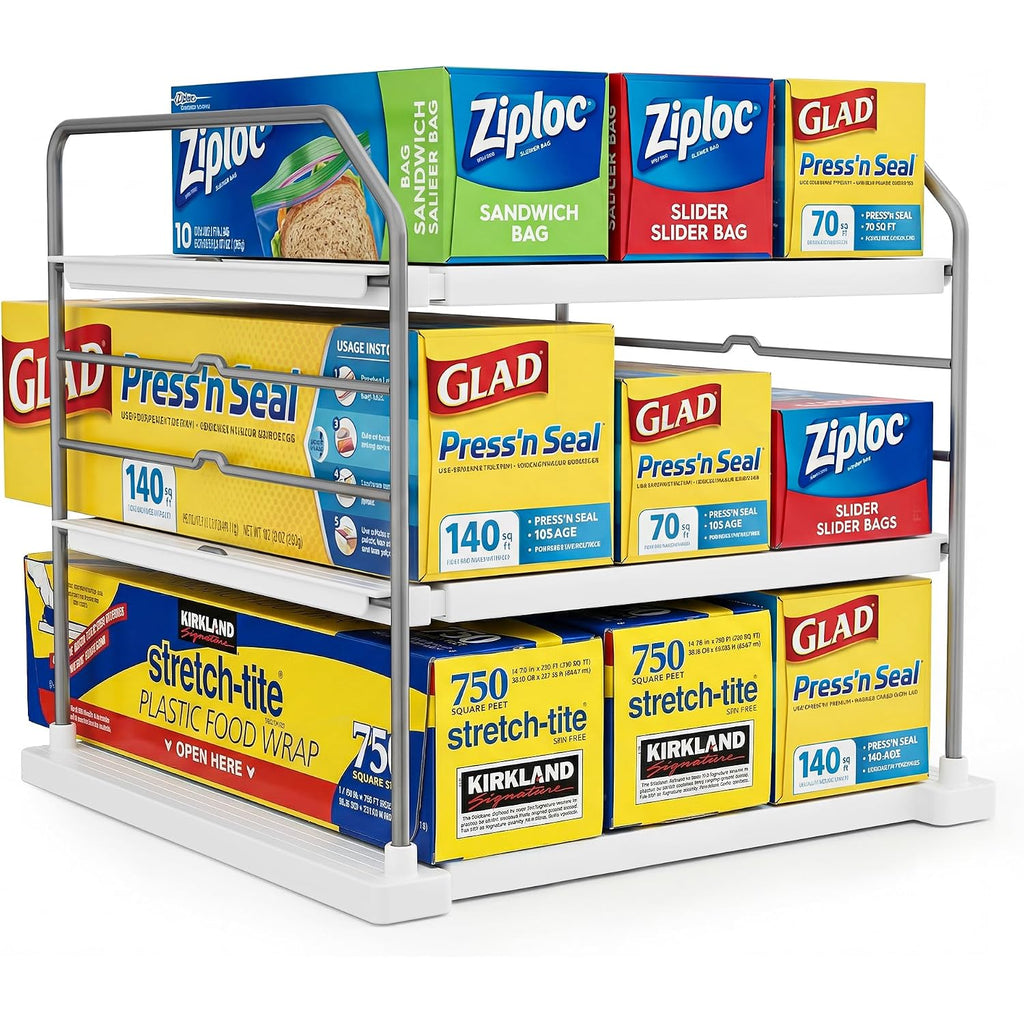 Everie Extendable 3-Tier Kitchen Cabinet & Pantry Organizer For Plastic Wrap, Foil & Storage Bags, Adjustable Heavy Duty Shelf Rack For Wrap Boxes, Jars & Snack Boxes (11–16.7 In Wide), Pack Of 1