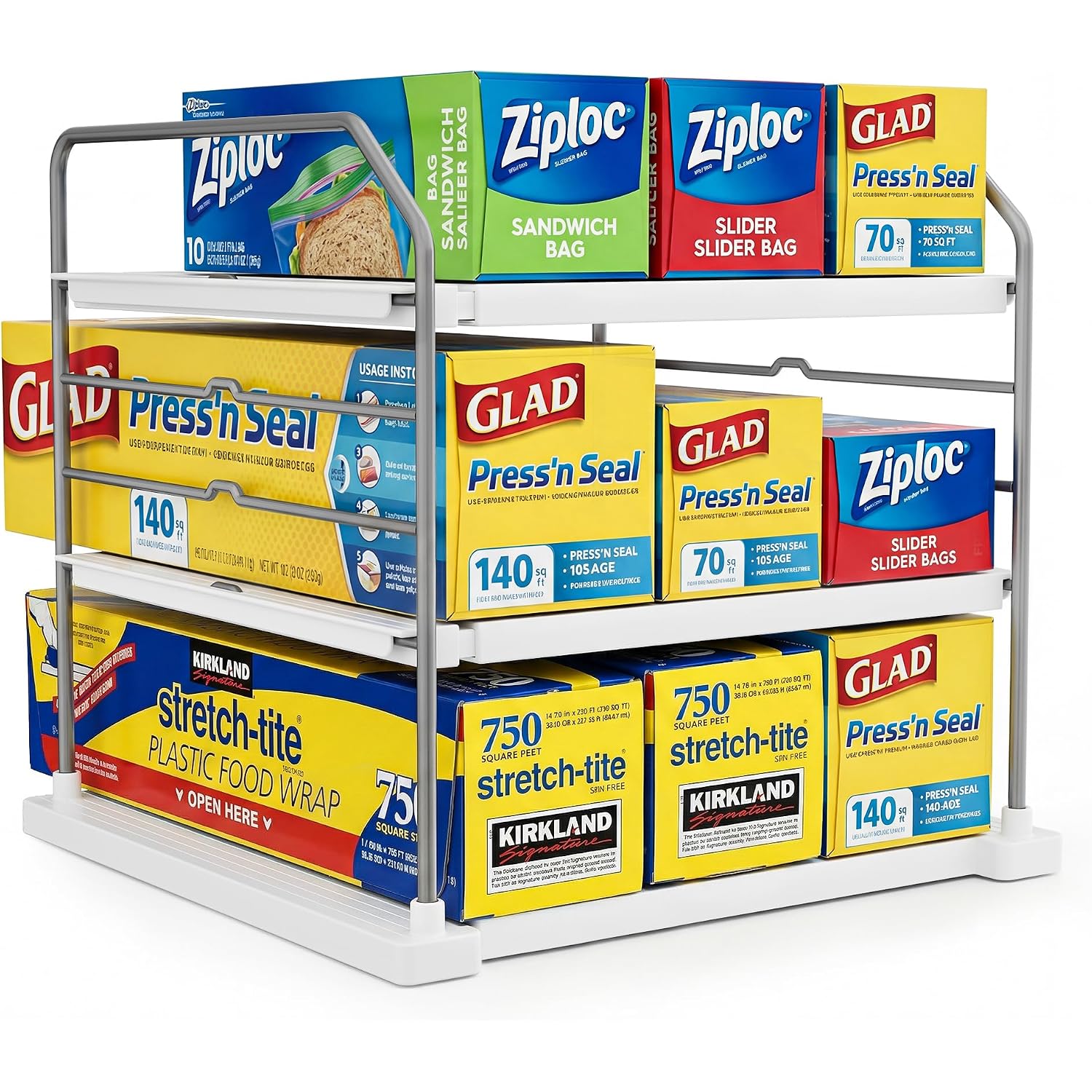 Everie Extendable 3-Tier Kitchen Cabinet & Pantry Organizer For Plastic Wrap, Foil & Storage Bags, Adjustable Heavy Duty Shelf Rack For Wrap Boxes, Jars & Snack Boxes (11–16.7 In Wide), Pack Of 1
