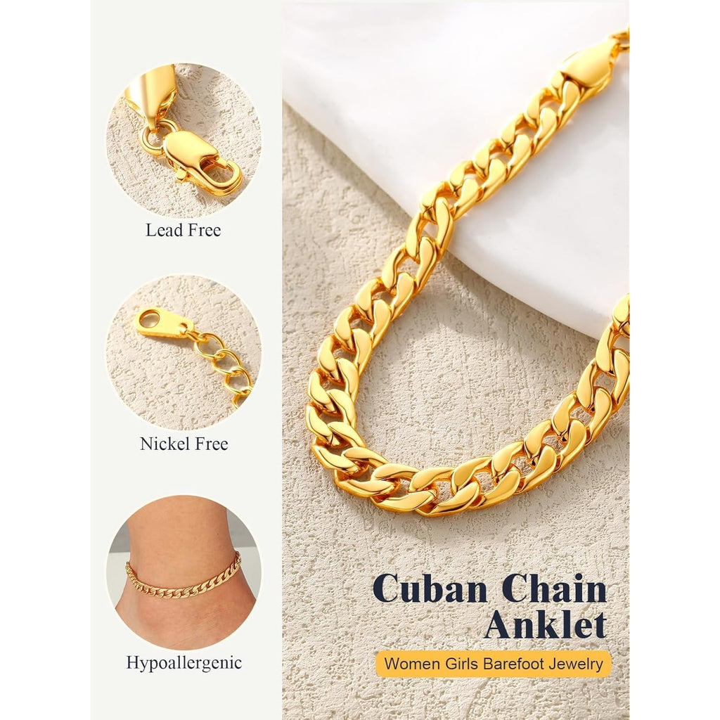 U7 Women Girls Barefoot Jewelry 18K Gold or Rose Gold Stainless Steel Heart/Rope/Figaro/Cuban Chain Anklet Foot Bracelet, 25-30 CM Long