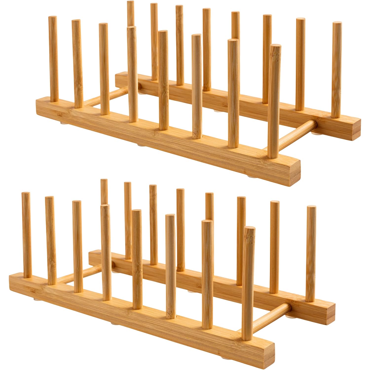 Hblife 2-Pack Bamboo Wooden Dish Rack Holder Space-Saving Vertical Organizer For Plates, Cups, Pots, Lids, Bowls & Cutting Boards Kitchen Cabinet & Counter Storage