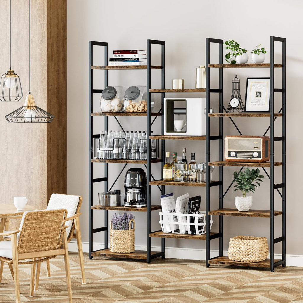 Numenn Triple Column 5 Tier Bookshelf, Bookcase With 14 Open Display Shelves, Adjustable Rustic Industrial Style Book Shelves, Modern Bookshelves For Bedroom, Living Room And Home Office, Vintage