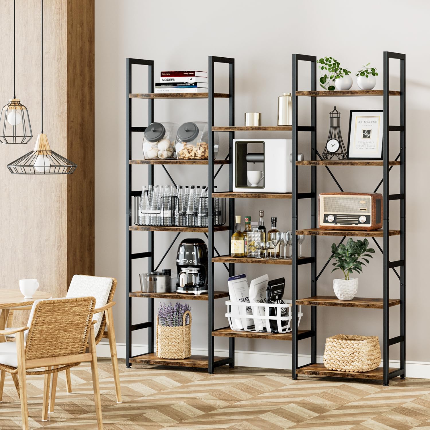 Numenn Triple Column 5 Tier Bookshelf, Bookcase With 14 Open Display Shelves, Adjustable Rustic Industrial Style Book Shelves, Modern Bookshelves For Bedroom, Living Room And Home Office, Vintage