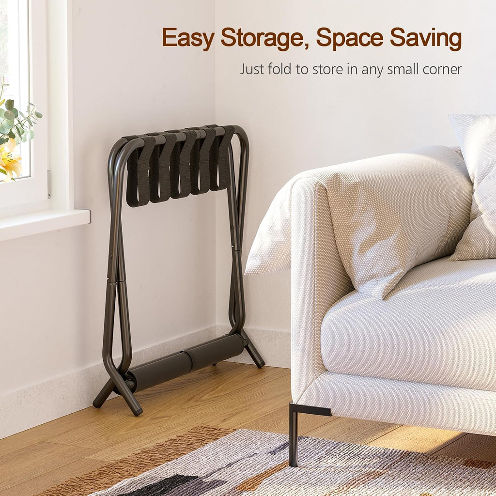 Amhancible Luggage Rack, Set Of 2, Foldable Suitcase Stands For Guest Room, Metal Luggage Holder With Storage Shelf For Bedroom, Hotel, Easy Assemble, Black Hlr02Bk