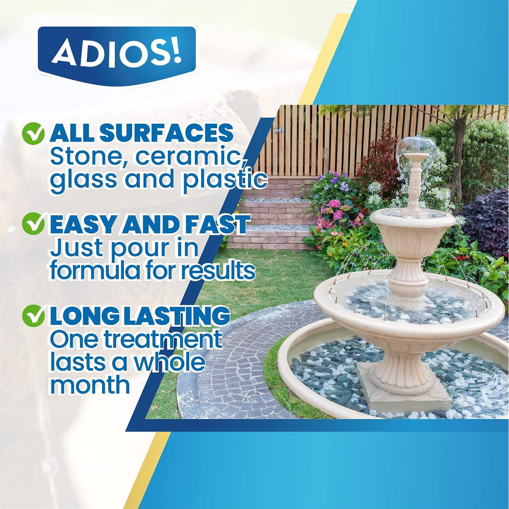 Adios! Fountain Cleaner And Clarifier, Outdoor And Indoor Treatment (16Oz) | Natural And Safe For Birds, Clears And Treats Water, Cleans Waterfalls And Water Features, Approved For Stone And Metal