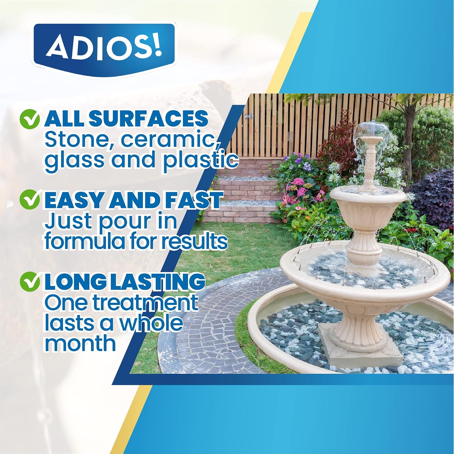 Adios! Fountain Cleaner And Clarifier, Outdoor And Indoor Treatment (16Oz) | Natural And Safe For Birds, Clears And Treats Water, Cleans Waterfalls And Water Features, Approved For Stone And Metal