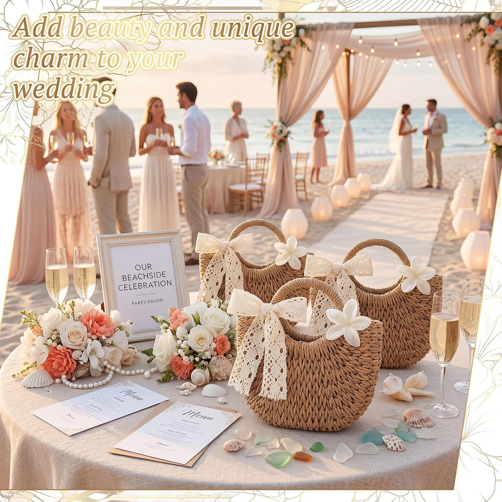 Straw Tote Bags With Flower Hair Clips Bridesmaid Boho Beach Bag Straw Purses Bulk Handmade Rattan Woven Handbags