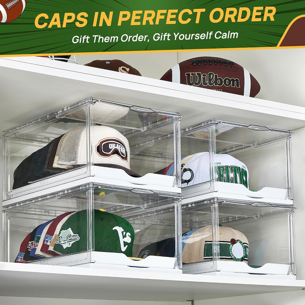 Vtopmart 2 Pack Clear Hat Organizer Drawer For Baseball Caps, Stackable Display Case With Magnetic Door, Each Holds 12 Hats