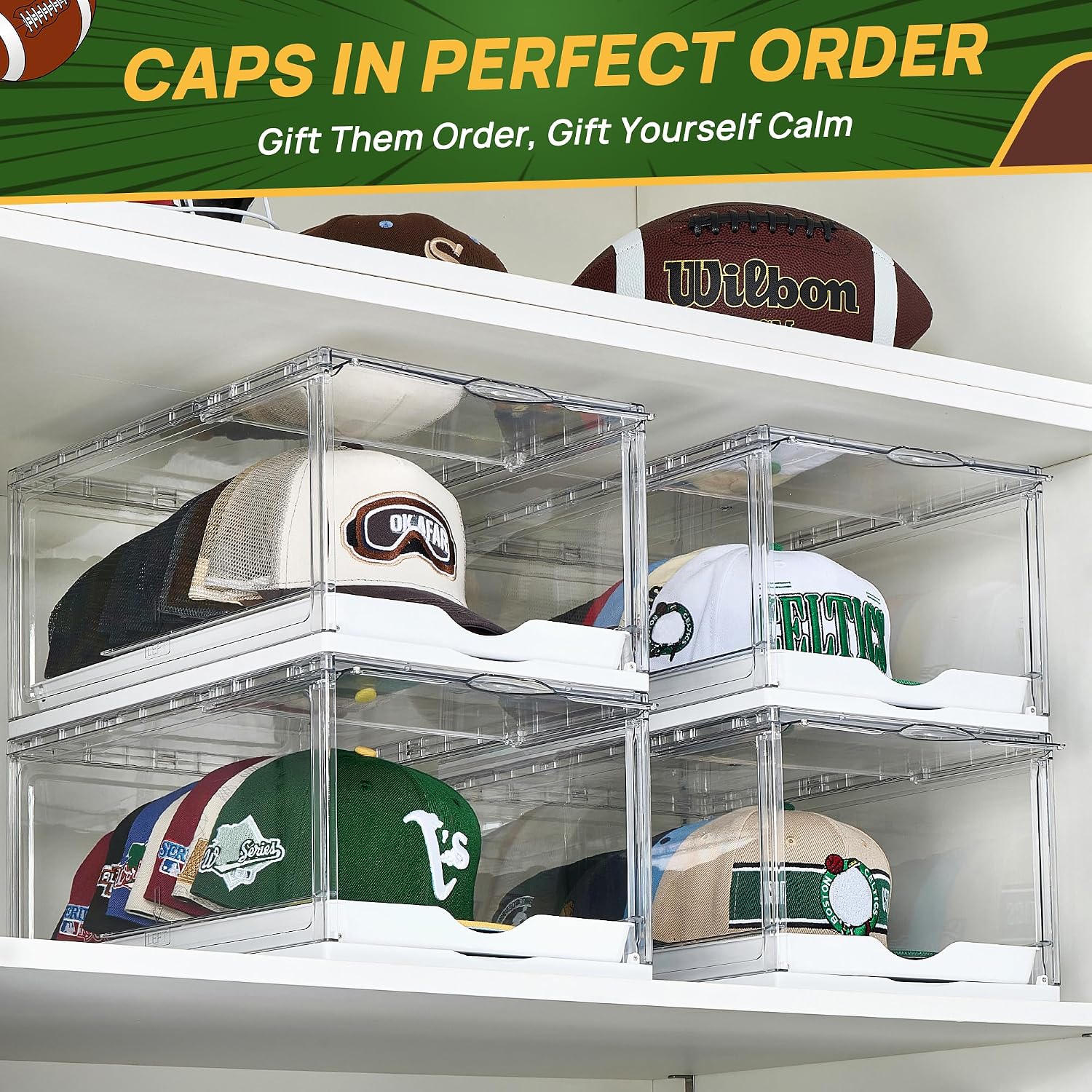 Vtopmart 2 Pack Clear Hat Organizer Drawer For Baseball Caps, Stackable Display Case With Magnetic Door, Each Holds 12 Hats