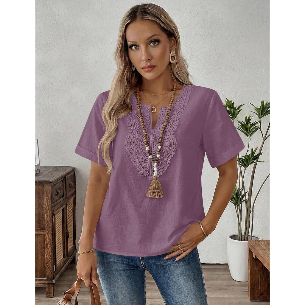 Lomon Womens Short Sleeve Tops Cotton Linen Shirts Loose Casual V Neck Lace Blouses Summer Vacation Clothes