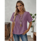 Lomon Womens Short Sleeve Tops Cotton Linen Shirts Loose Casual V Neck Lace Blouses Summer Vacation Clothes
