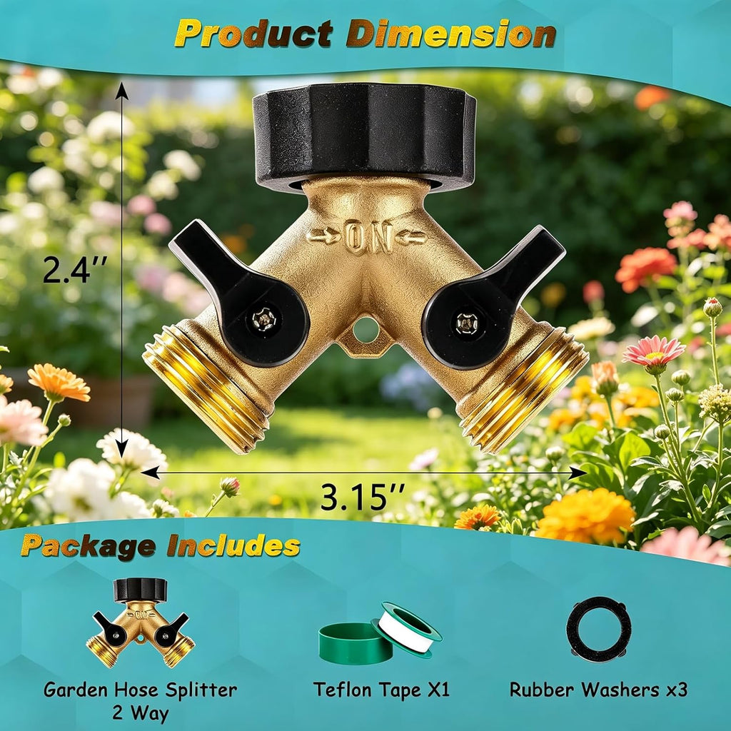 Brass Hose Splitter 2 Way, Heavy Duty Garden Hose Splitter With Shut Off Valves, Y Connector Hose Adapter, No Leak, Includes Washers & Teflon Tape – Dalmbox