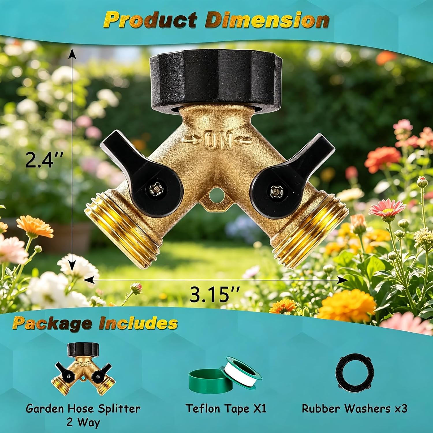 Brass Hose Splitter 2 Way, Heavy Duty Garden Hose Splitter With Shut Off Valves, Y Connector Hose Adapter, No Leak, Includes Washers & Teflon Tape – Dalmbox