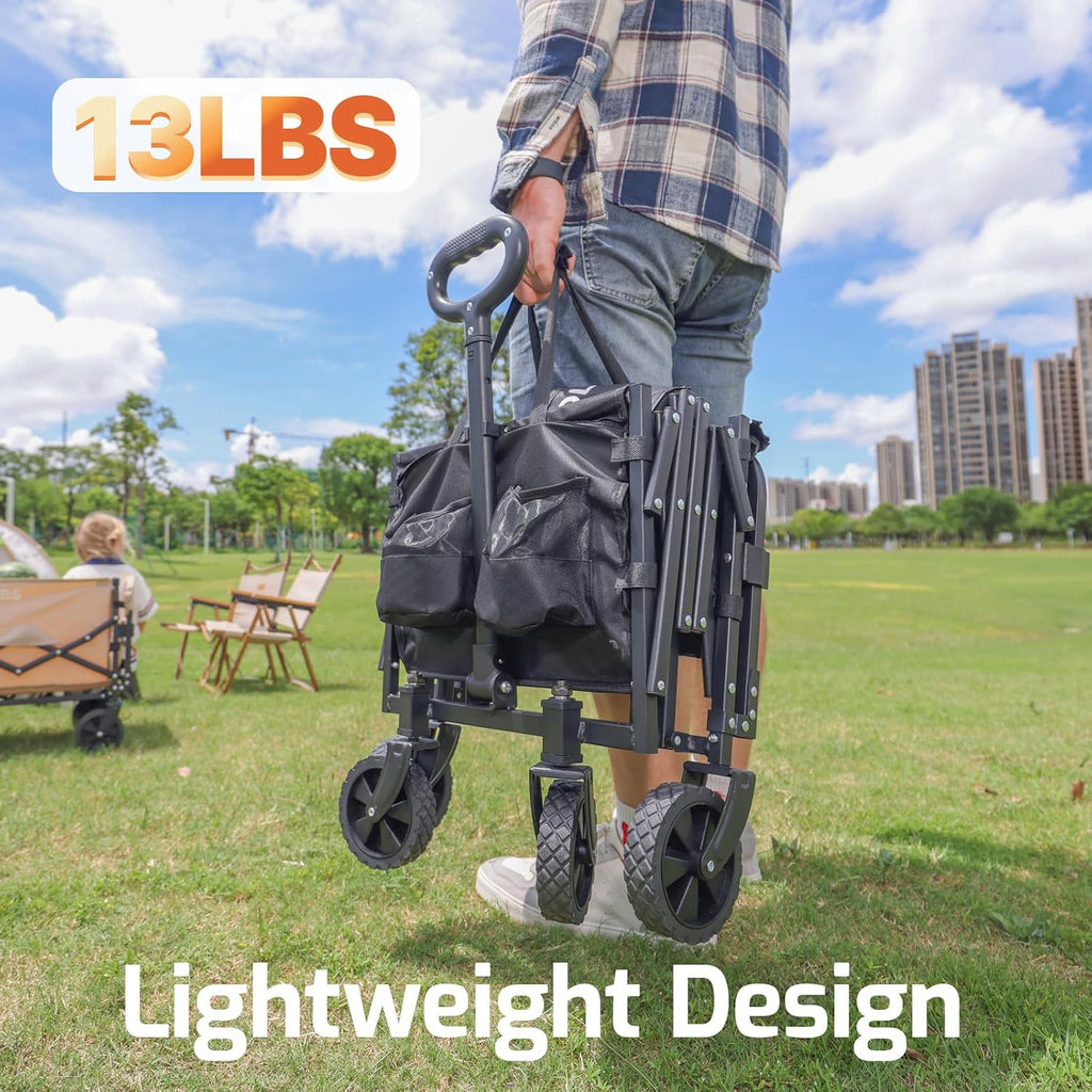 Golabs Wa1 Collapsible Folding Wagon Cart, Max 220Lb Load, Expands To 100L | Dual-Bearing Wheels, Smooth Swivel Steering, Drop-Down Tailgate, Extended Storage, 2 Cup Holders,Grocery/Garden/Camping,Black