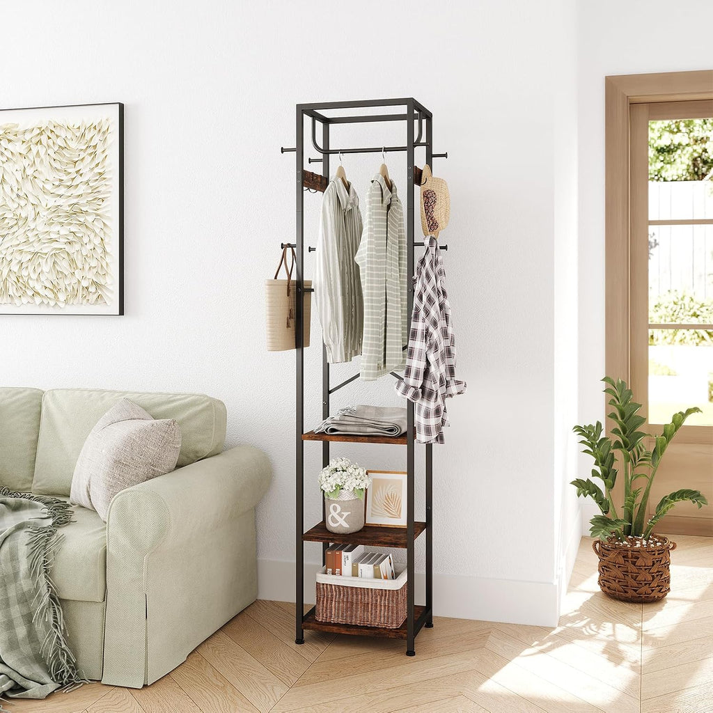 Coat Rack Freestanding, Hall Tree With 3 Shelves And 12 Hooks, Rustic Brown | Industrial Metal Frame, Space-Saving Design, Clothes Rack Stand Organizer For Bedroom, Hallway, Entryway, Office, Living Room