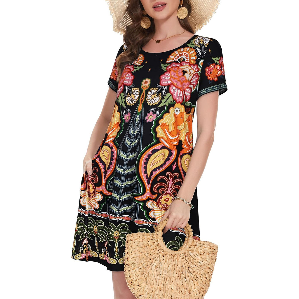 Summer Dresses For Women Casual Tshirt Short Sleeve Floral Sundress Beach Cover Ups With Pockets 2026