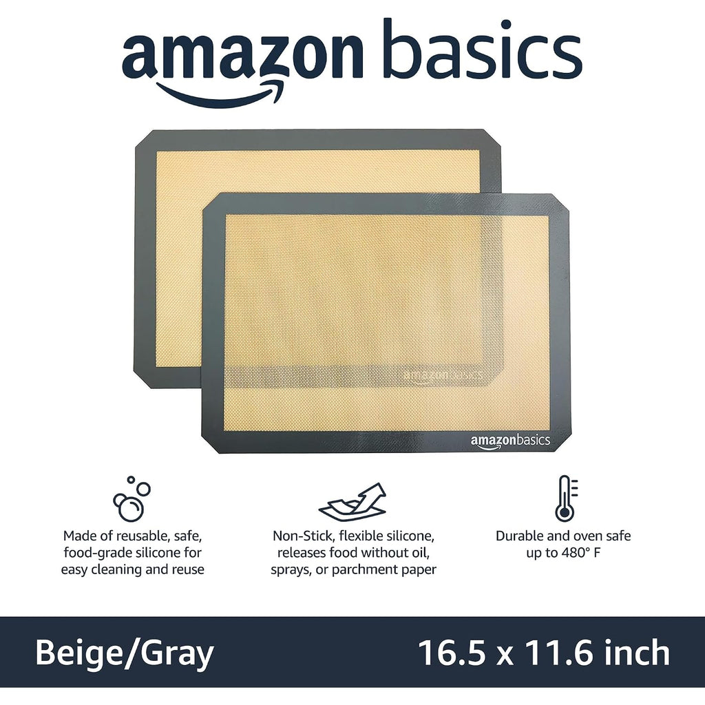 Amazon Basics Silicone Rectangular Baking Mat, Non-Stick, Reusable, Dishwasher Safe, Food Safe, Heat Resistant, 16.5" X 11.6", Beige/Gray, 2-Pack