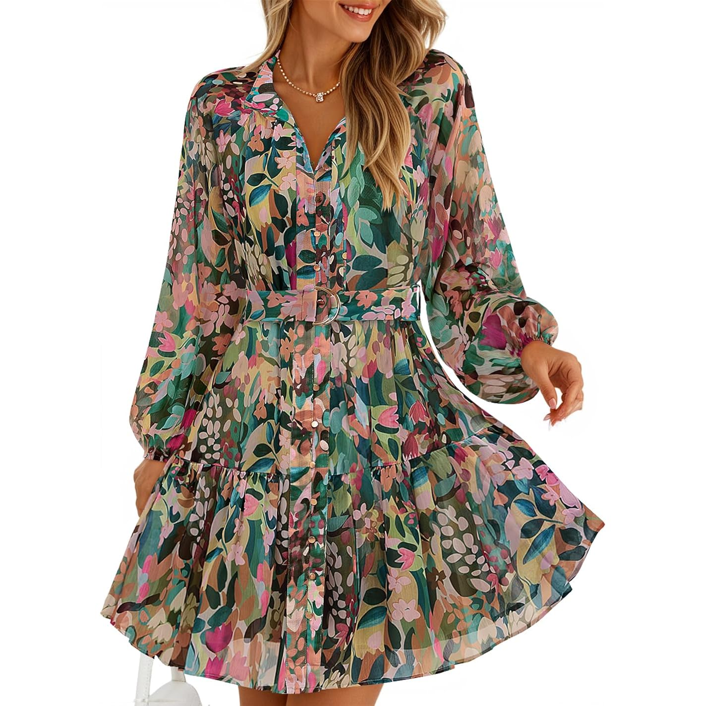 Zesica Womens Spring Summer Floral Mini Dress Long Sleeve Button Chiffon A Line Swing Short Wedding Guest Party Dresses