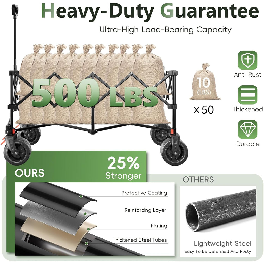 46" L Collapsible Foldable Extended Wagon, 500Lb Weight Capacity With 280L Heavy Duty Folding Cart,Utility Wagon With All-Terrain Beach Wheel & Drink Holders,Black