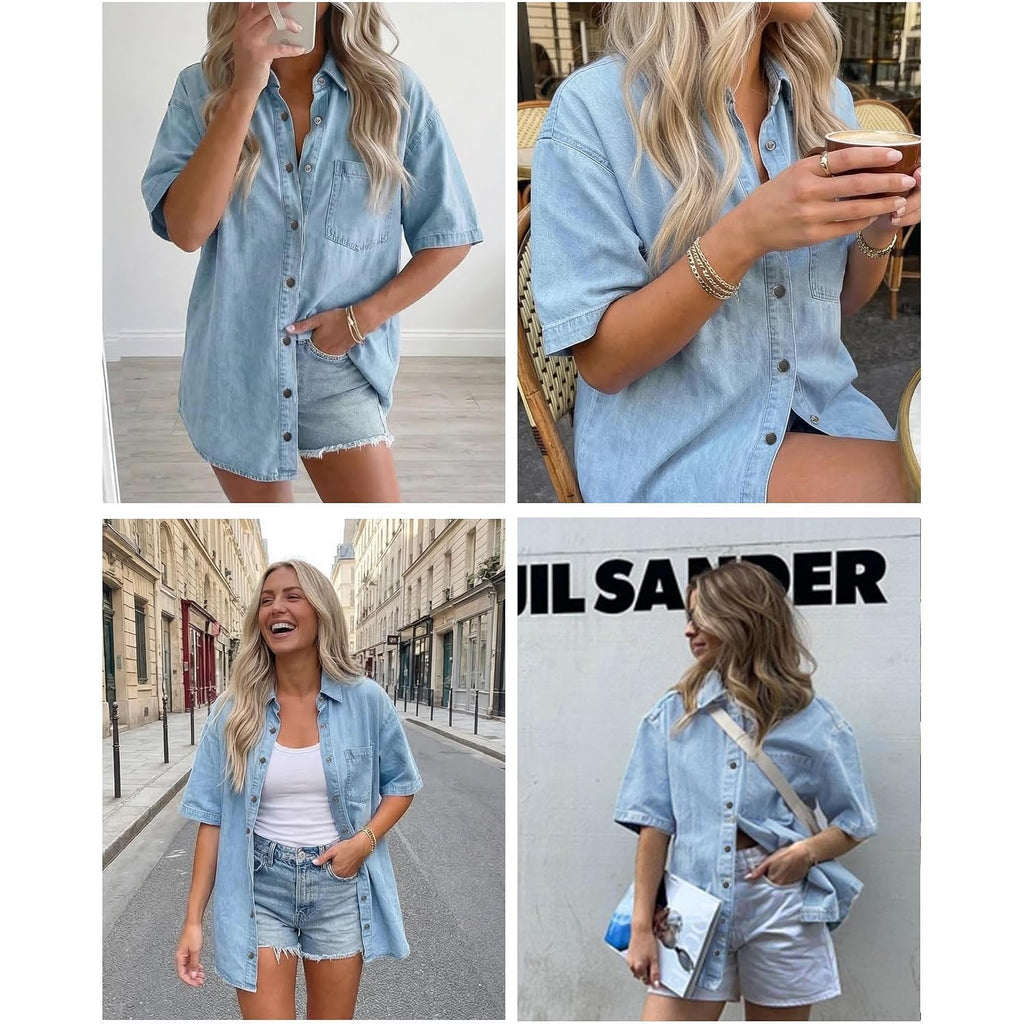 Women Short Sleeve Denim Shirt Button Down Oversized Denim Top Blouse Casual Loose Fit Jean Jacket Outfit With Pocket
