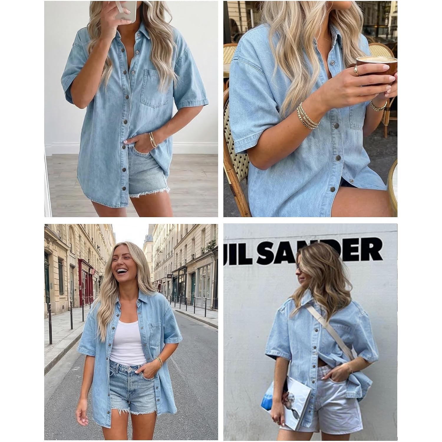 Women Short Sleeve Denim Shirt Button Down Oversized Denim Top Blouse Casual Loose Fit Jean Jacket Outfit With Pocket