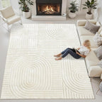 Beige Solid Area Rug 8x10 – Large Washable Soft Indoor Rugs for Living Room Bedroom, Modern Geometric Bohemian Pattern High-Low Pile Textured Carpet for House Apartment, Home Office Decor