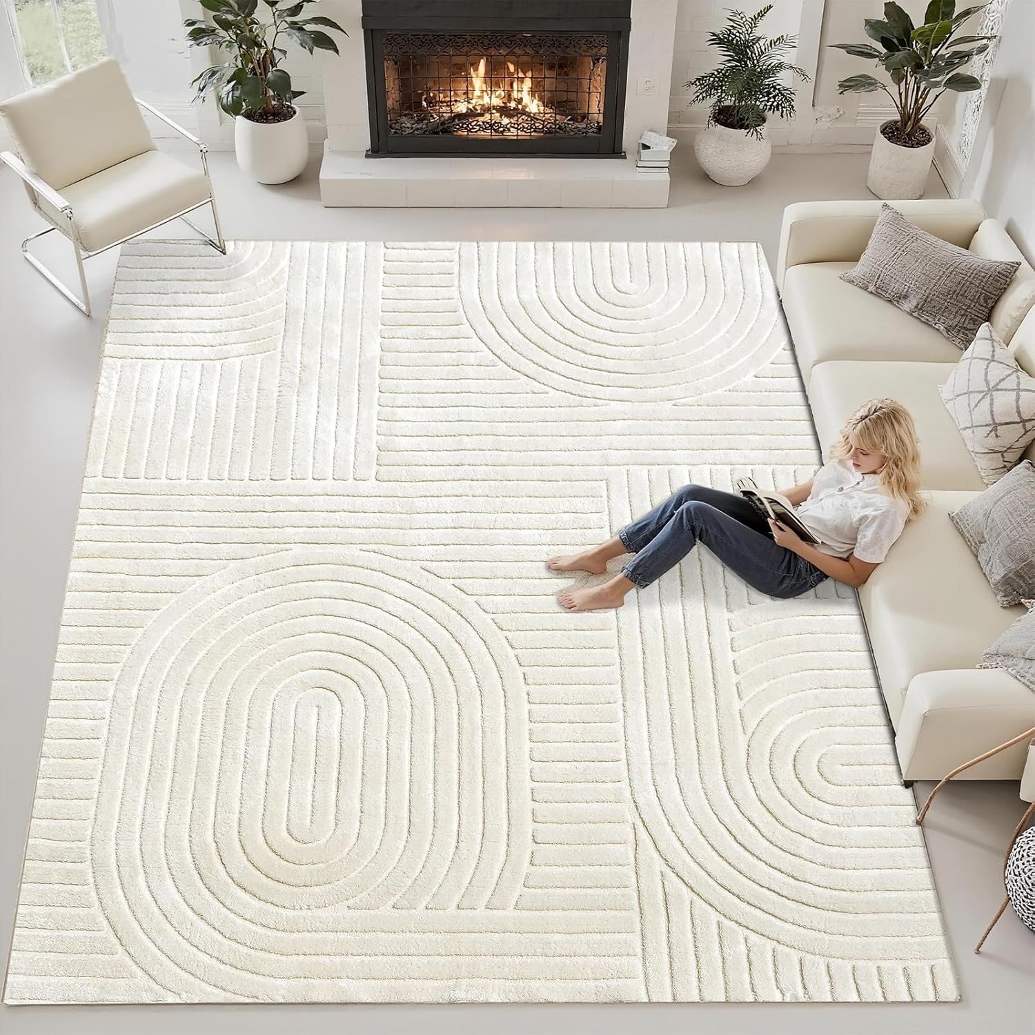 Beige Solid Area Rug 8x10 – Large Washable Soft Indoor Rugs for Living Room Bedroom, Modern Geometric Bohemian Pattern High-Low Pile Textured Carpet for House Apartment, Home Office Decor