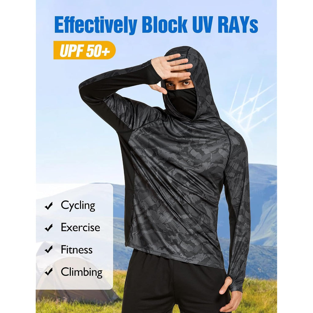 Coorun Men'S Hooded Sun Shirts With Mask Fishing Shirts For Men Long Sleeve Upf 50 Rash Guards Cooling Hoodies Hiking Shirts