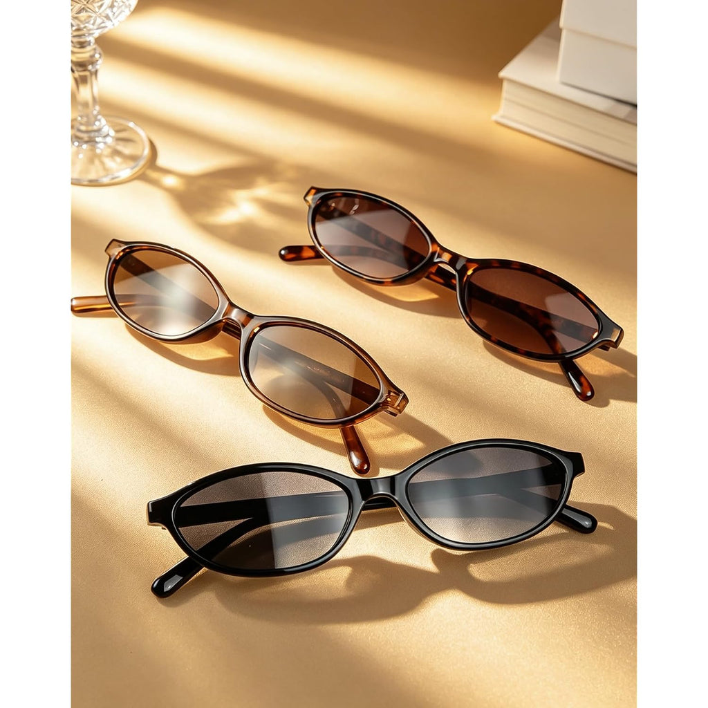 Retro Oval Sunglasses for Women Trendy Narrow Cat Eye Sunglasses Chic 90s Y2K Sunnies UV400 Shades for Small Face Black + Brown + Tortoise