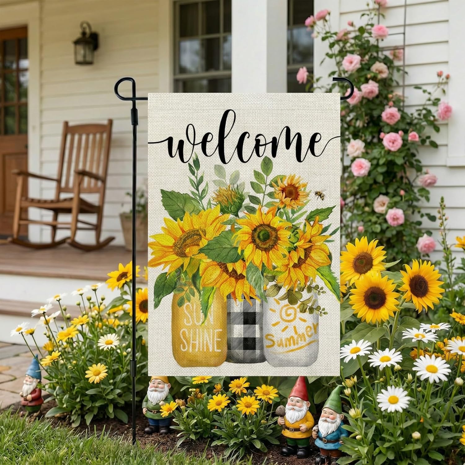 Summer Sunflower Garden Flag Mason Jar Double Sided 12X18 Inches Small Burlap Seasonal Welcome Yard Porch Decoration For Outside