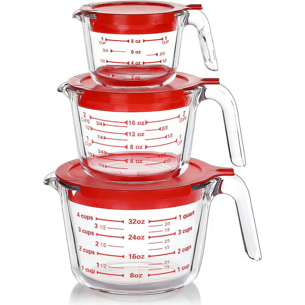 M Mcirco 6 Pcs Glass Measuring Cups With Lids Set, 1-Cup, 2-Cup, 4-Cup Measuring Jugs With Handle, Nesting Liquid Measuring Cups For Kitchen