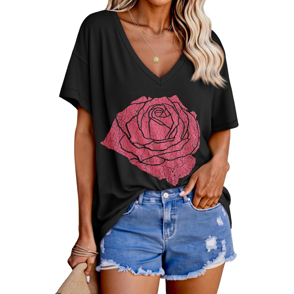 Tankaneo Womens Oversized Tshirts V Neck Short Sleeve Tops Summer Casual Loose Fit Tunic Tee Shirts Rose Black