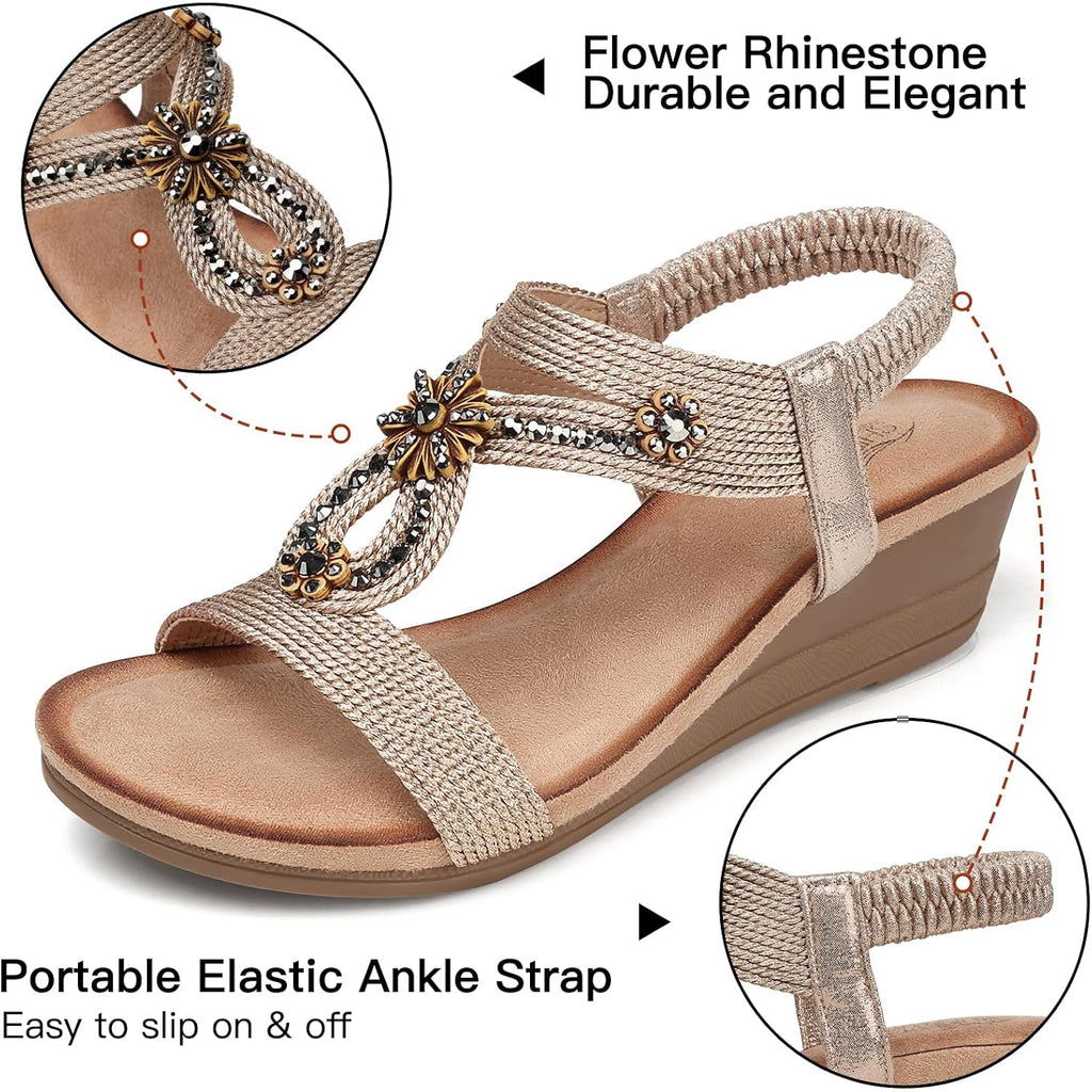 Shibever Womens Wedge Sandals With Cushioning For All-Day Comfortable | Low Heel, Elastic Ankle Strap, Dressy Casual Summer, Open Toe, Travel Vacation Outdoors Dress Shoes, Size 5-12