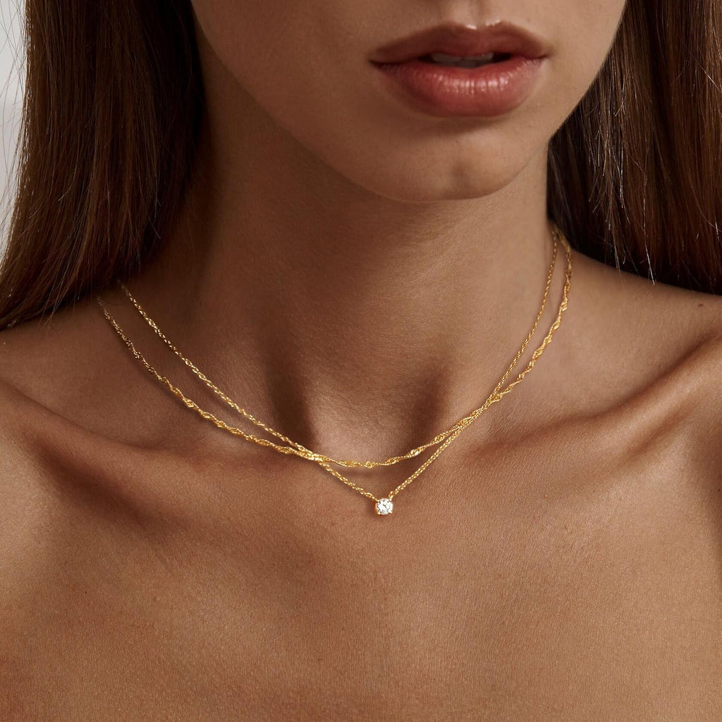 Tewiky Dainty 14k Gold Plated/Silver Cubic Zirconia Necklaces for Women, Simple CZ Jewelry Necklaces Trendy Gifts
