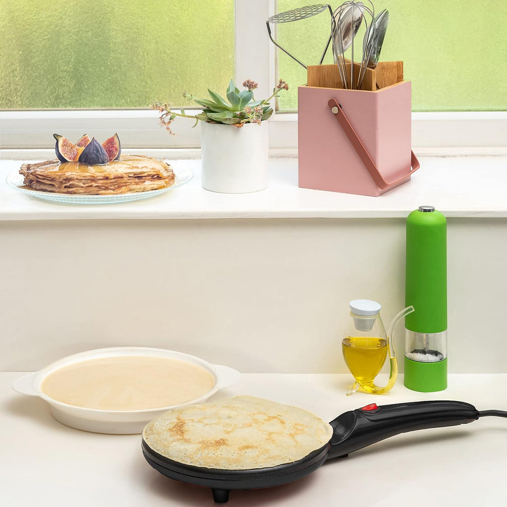Moss & Stone Black Electric Crepe Maker, 8" Portable Nonstick Crepe Pan | Nonstick Dipping Plate, Auto Shut-Off, On/Off Switch, Even Heating, Automatic Temperature Control, Compact Design