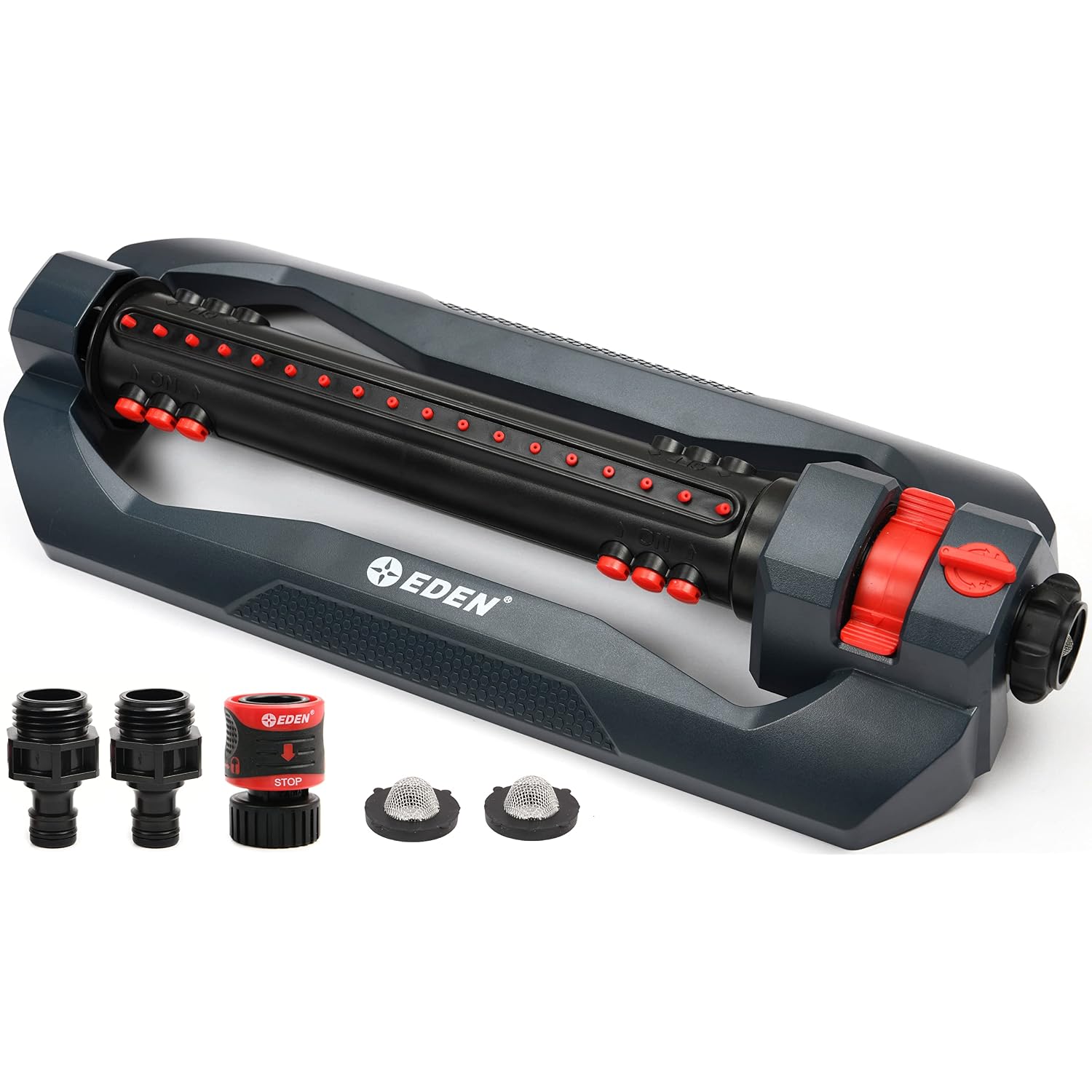 Eden 96212 Turbo Oscillating Sprinkler | Covers Up To 4,400 Sq. Ft., 18 Precision Nozzles, Adjustable Range, Flow Control, Triple Nozzle Width Switches, Turbo Drive Motor, Quick Connect Bundle