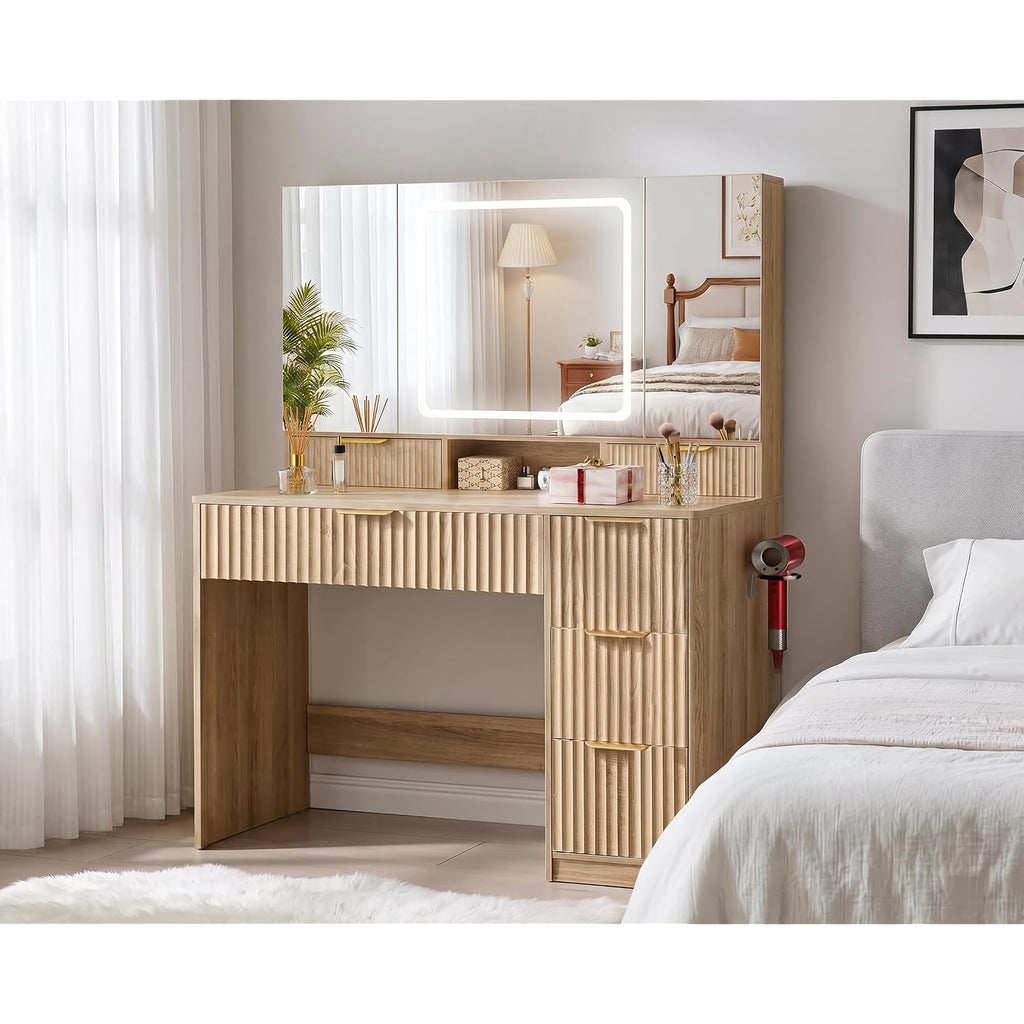 Comhoma Vanity Desk With 3-Way Mirror And Lights, Makeup Vanity With 360° View Mirror, 3 Lighting Modes, 6 Drawers,Storage Cabinet Fluted Wood Vanity Table With Jewelry Hook For Women Girls