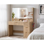 Comhoma Vanity Desk With 3-Way Mirror And Lights, Makeup Vanity With 360° View Mirror, 3 Lighting Modes, 6 Drawers,Storage Cabinet Fluted Wood Vanity Table With Jewelry Hook For Women Girls