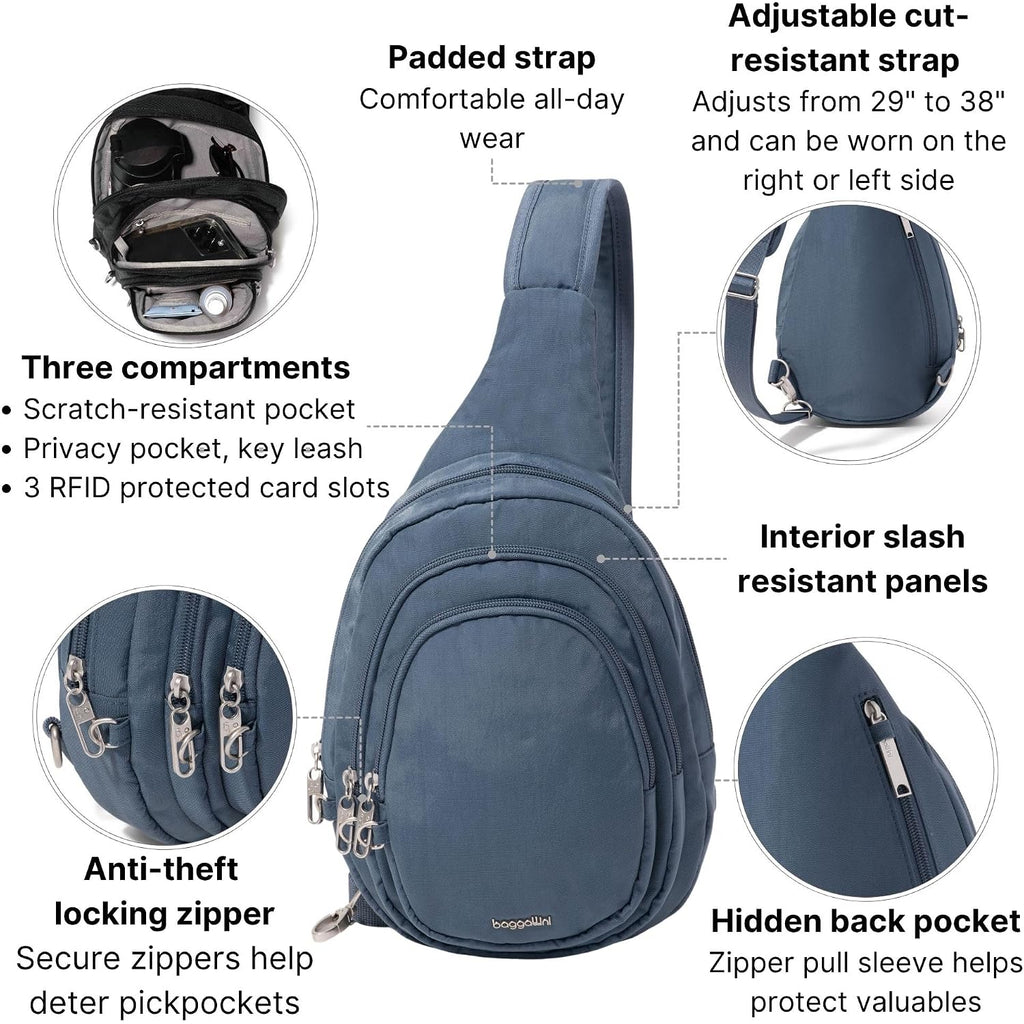 Baggallini Securtex® Anti-Theft Multi Zip Sling - Lightweight 8.6"X15.2" Travel Bag With Locking Zippers & Rfid Protection