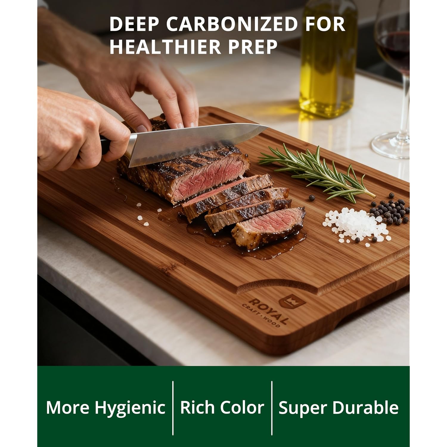 Royal Craft Wood Wooden Cutting Boards For Kitchen Meal Prep & Serving - Non Toxic Bamboo Wood Cutting Board Set With Deep Juice Groove Side Handles - Charcuterie & Chopping Butcher Block For Meat